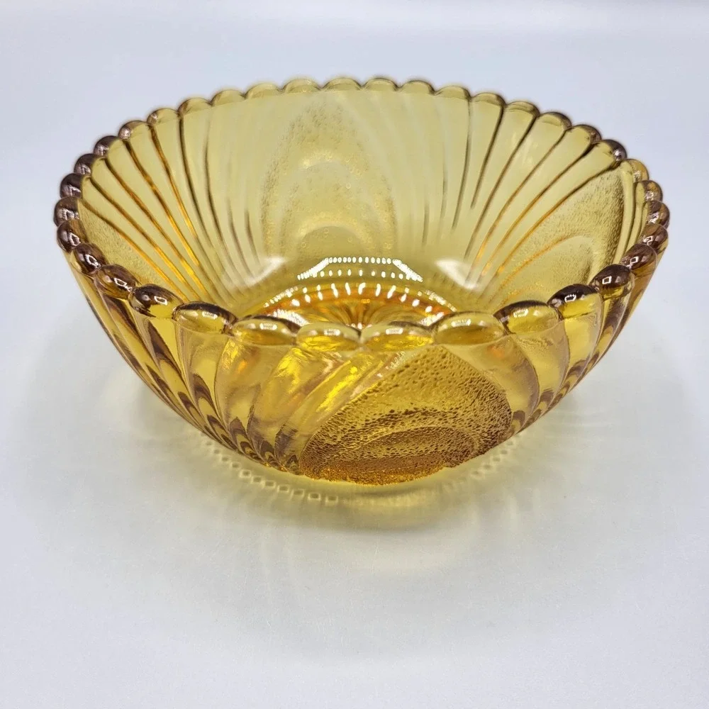 Vtg Amber Glass Dessert Bowls Set Of 2 Scalloped Edge Pressed Glass